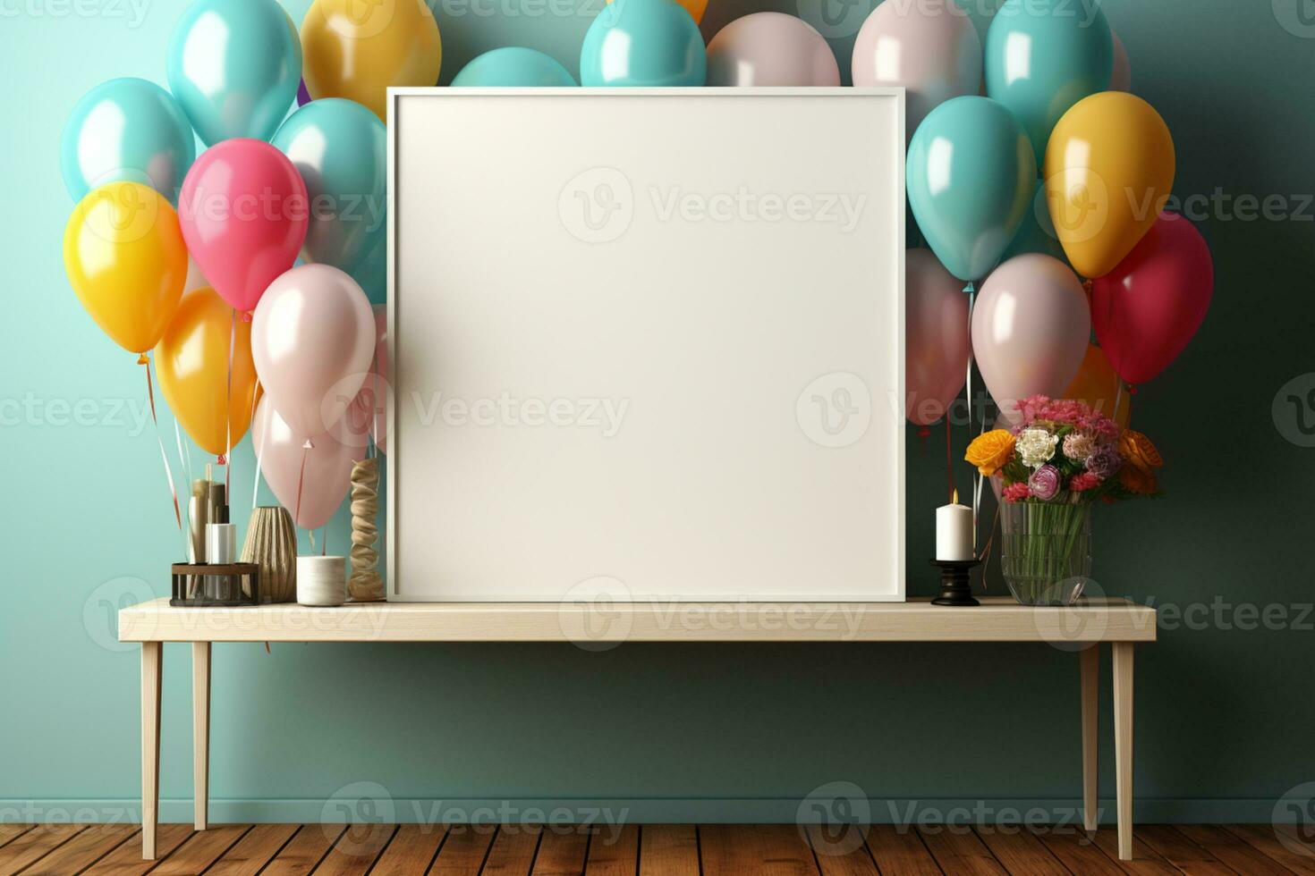 Party planning, white frame, colorful balloons, blue wooden table AI Generated photo