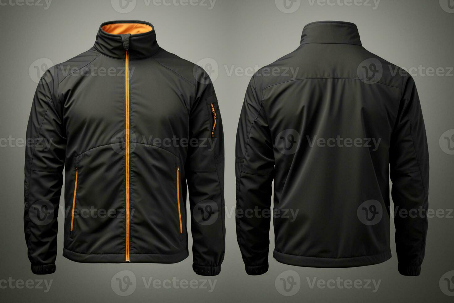 Plain black jacket mockup, front and back view, isolated on grey AI Generated photo