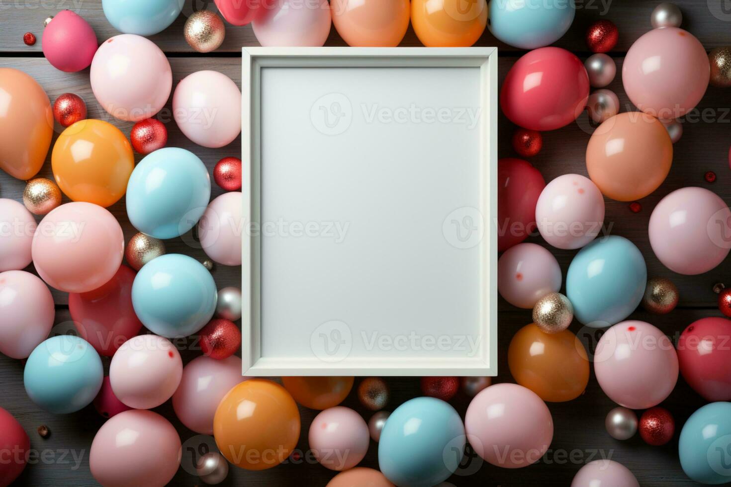 Pastel balloons and frame, confetti, top view birthday mockup AI Generated photo