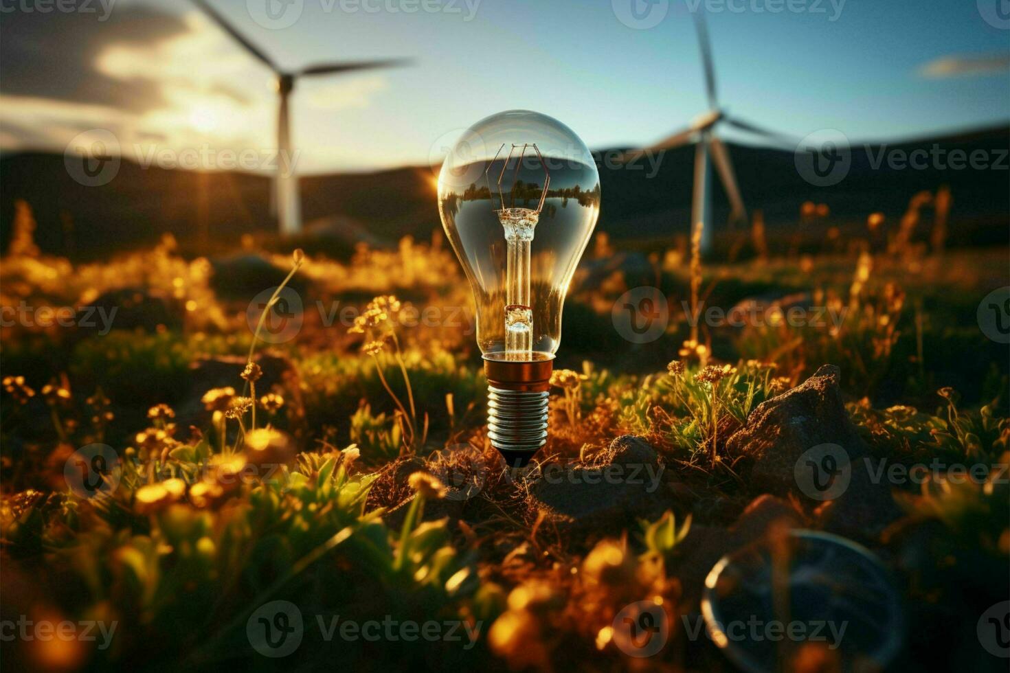 Renewable energy concept, lightbulb powered by solar panel and wind turbine on soil AI Generated photo