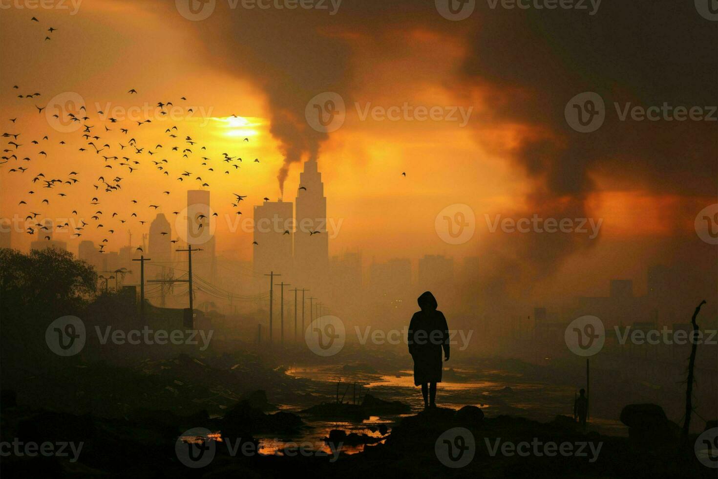 Silhouettes amid city smog, battling lung cancer's harsh reality AI Generated photo