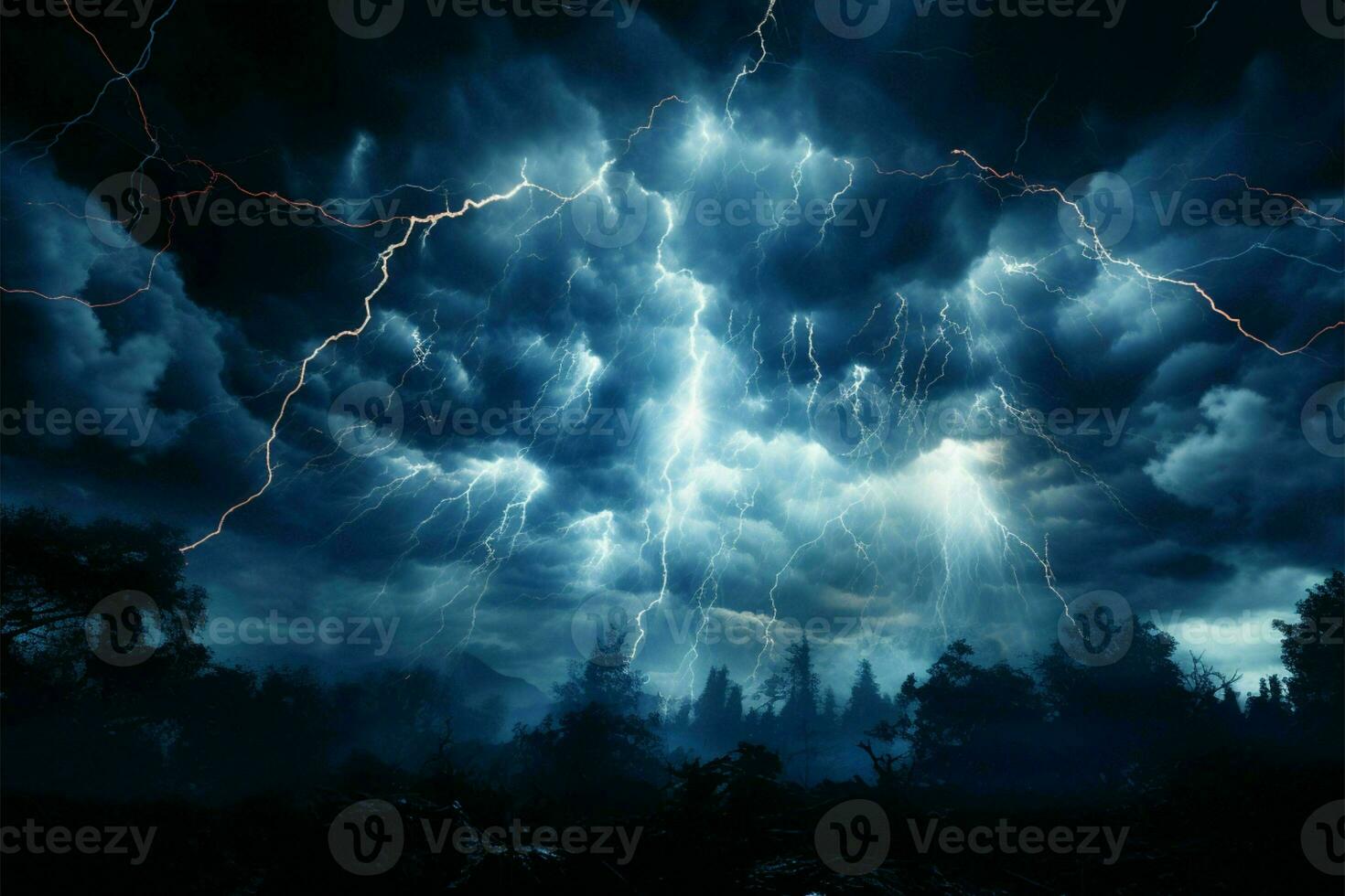 Thunderous bolts strike night skies, tempest banner in motion AI Generated photo