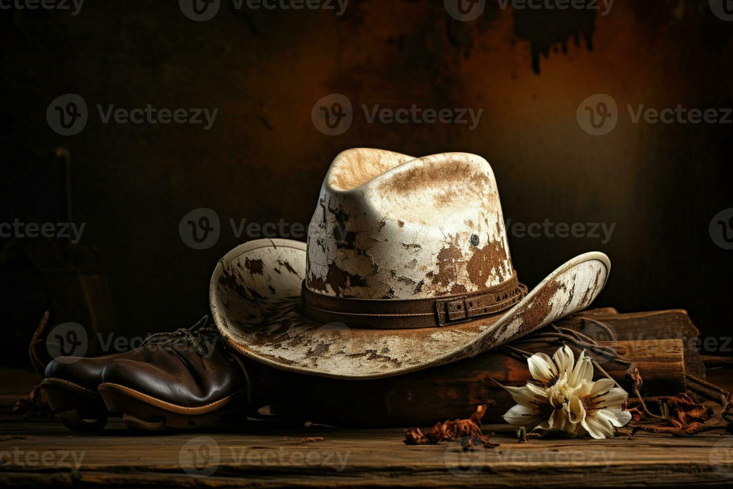 White rodeo hat, lasso, boots on distressed barn wood AI Generated photo
