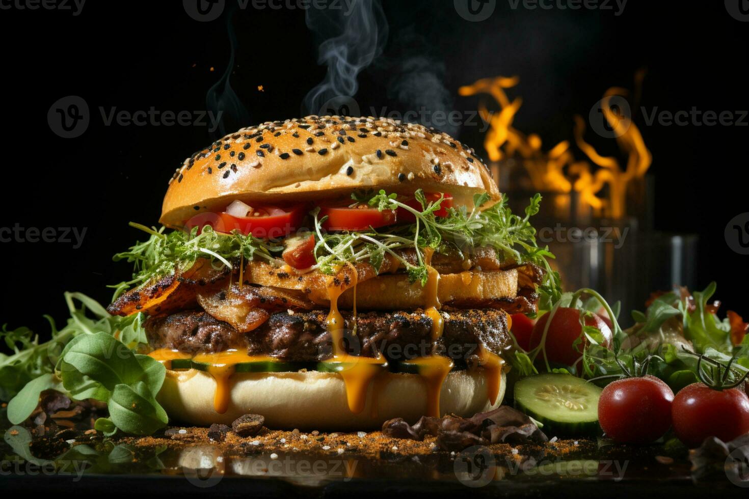 Artful presentation gourmet beef burgers, fresh veggies, on black backdrop AI Generated photo