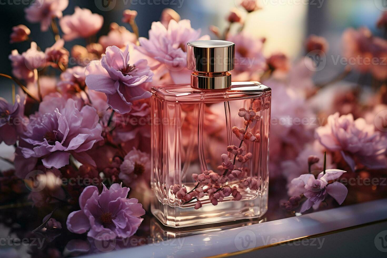 elegante cosmético botellas rodeado por flores, simbolizando natural belleza y relajación ai generado foto