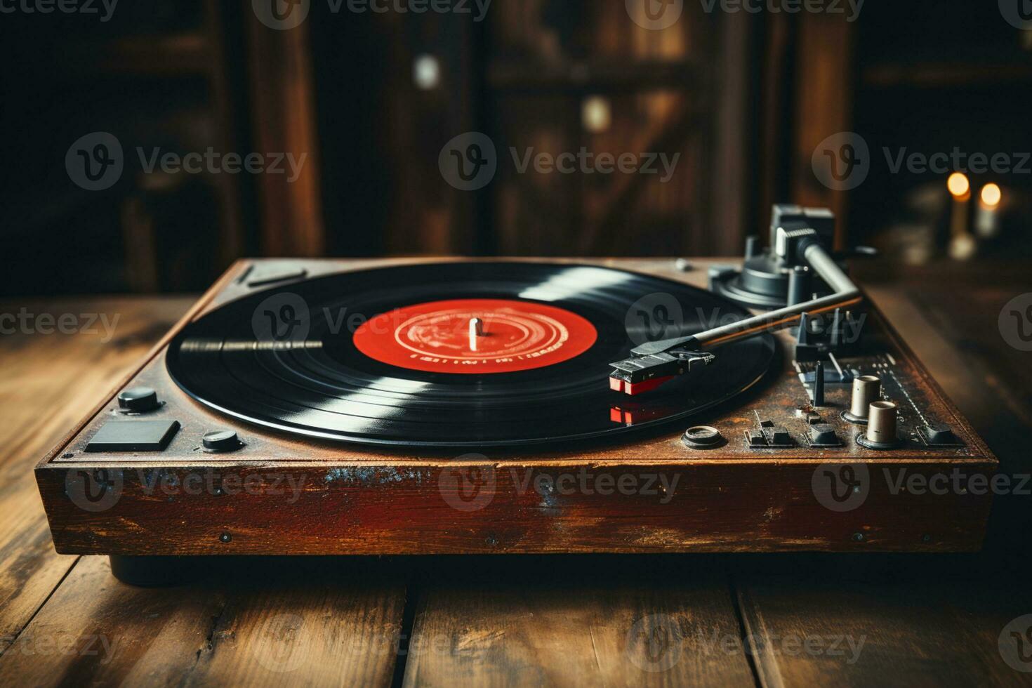 Vintage meets modern Vinyl records, player on wooden background, perfect for text AI Generated photo