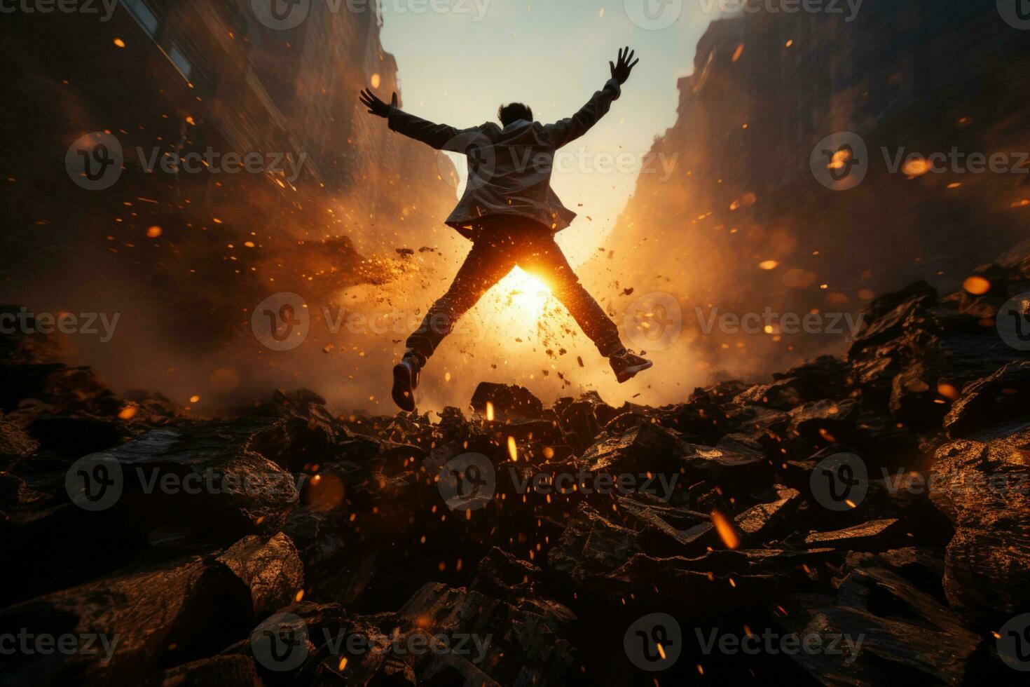 Reaching goals Mans silhouette leaps chasm at sunrise, echoing victory in business AI Generated photo