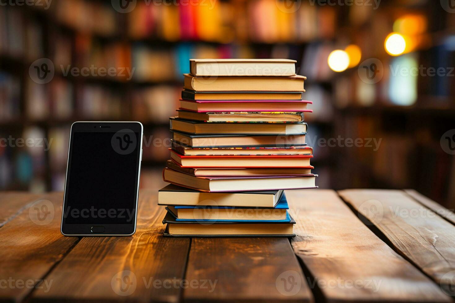 E book reader amidst hardcover books on wooden table creates a literary haven AI Generated photo