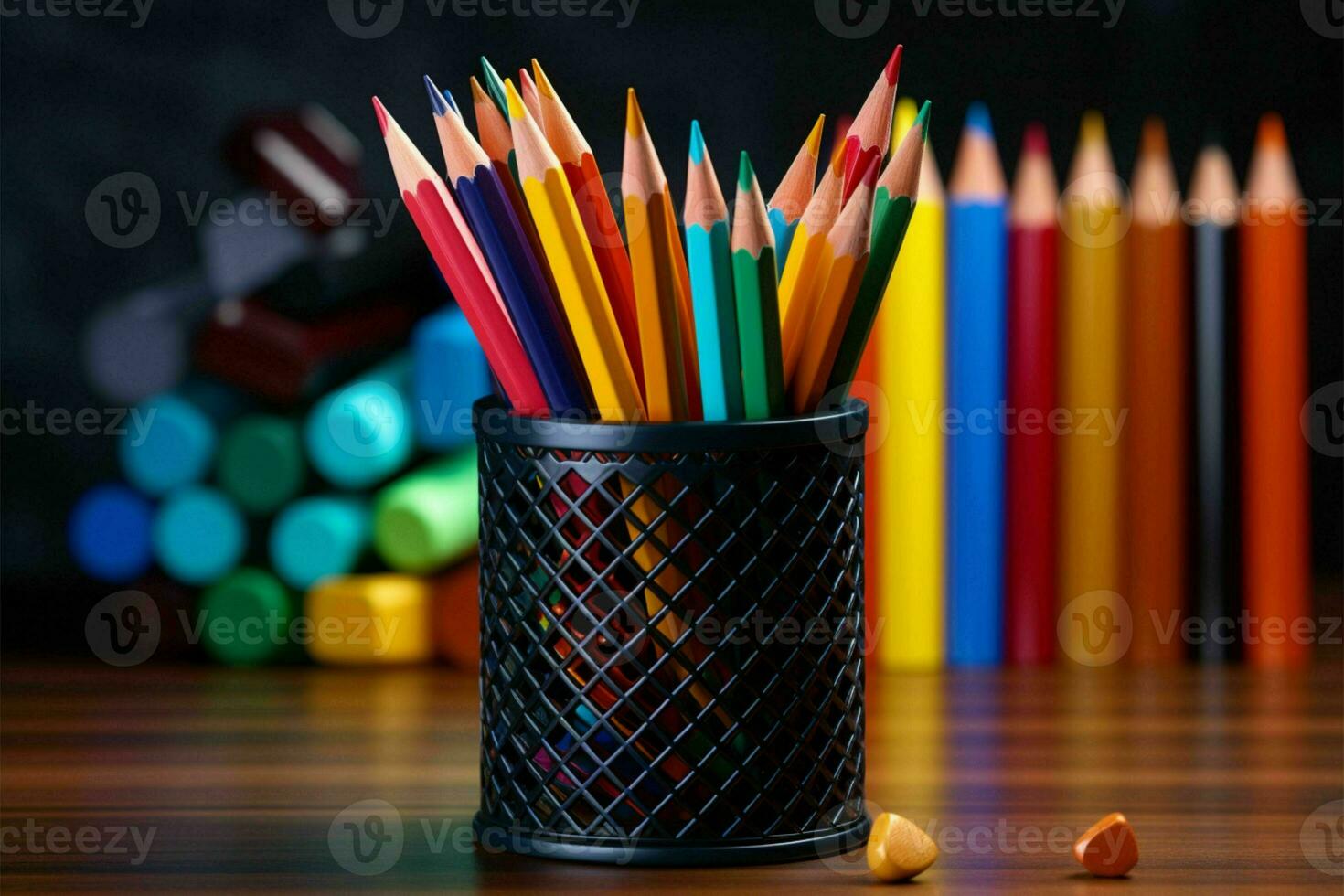 Pencil holder filled with vibrant pencils, setting the school tone AI Generated photo