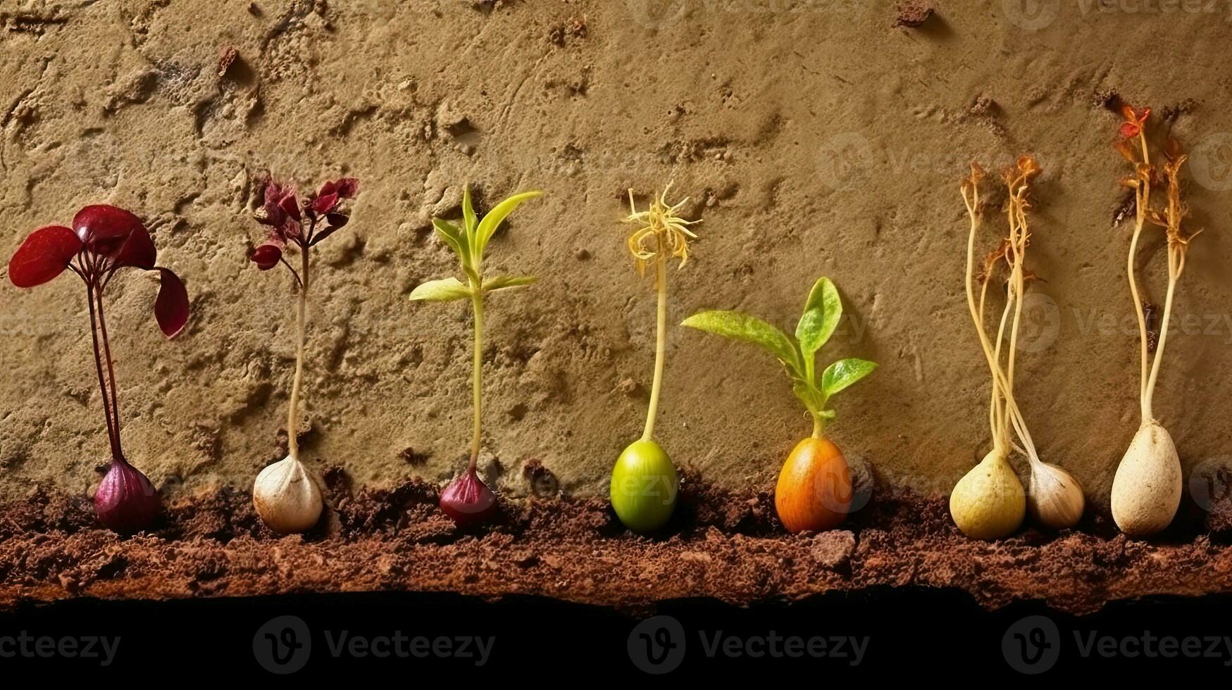 germinando semillas de vegetal en el tierra en varios estaciones, ai generado foto