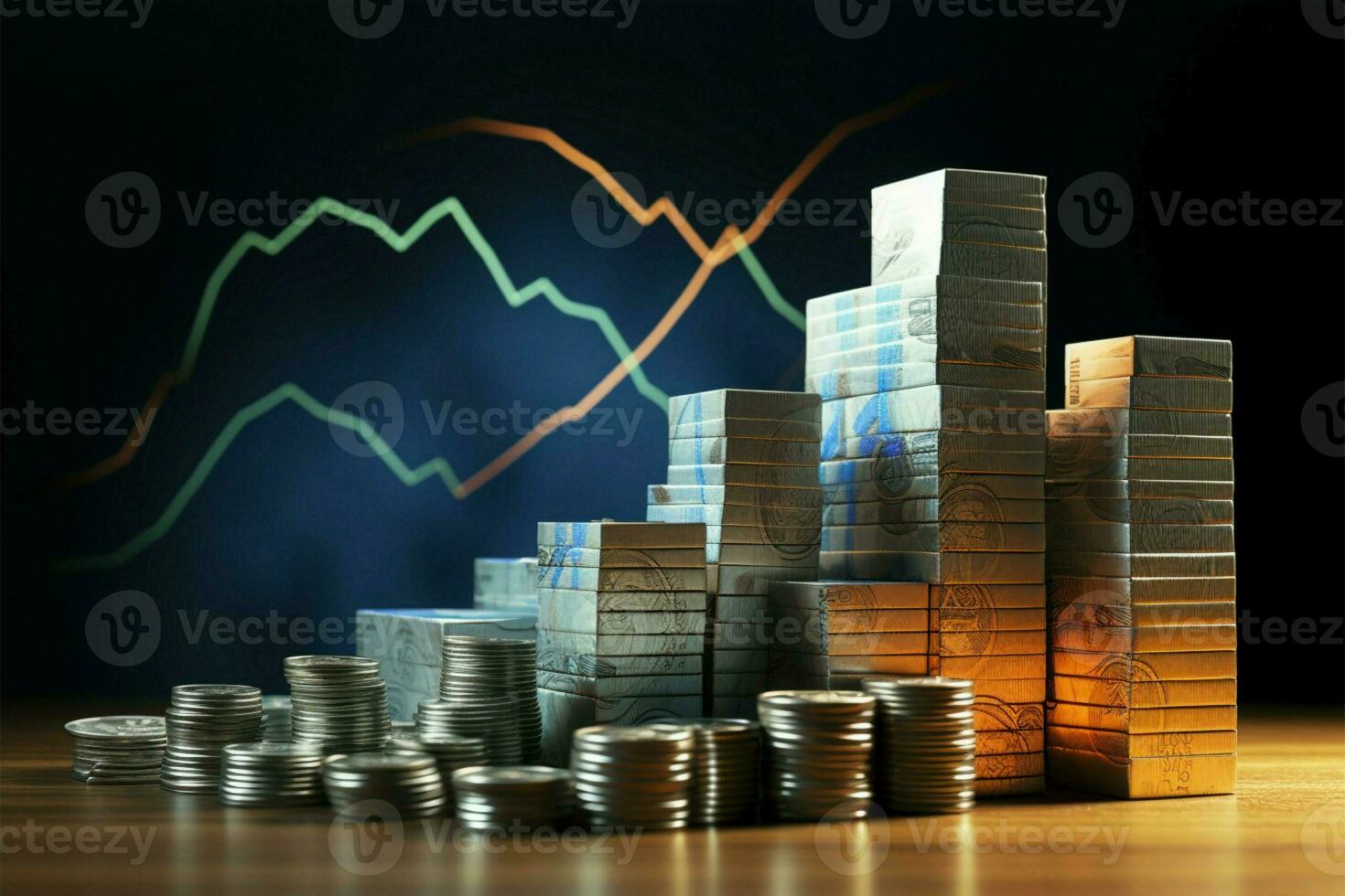 3D rendered chart, money stacks, and finance arrow depict business trajectory AI Generated photo