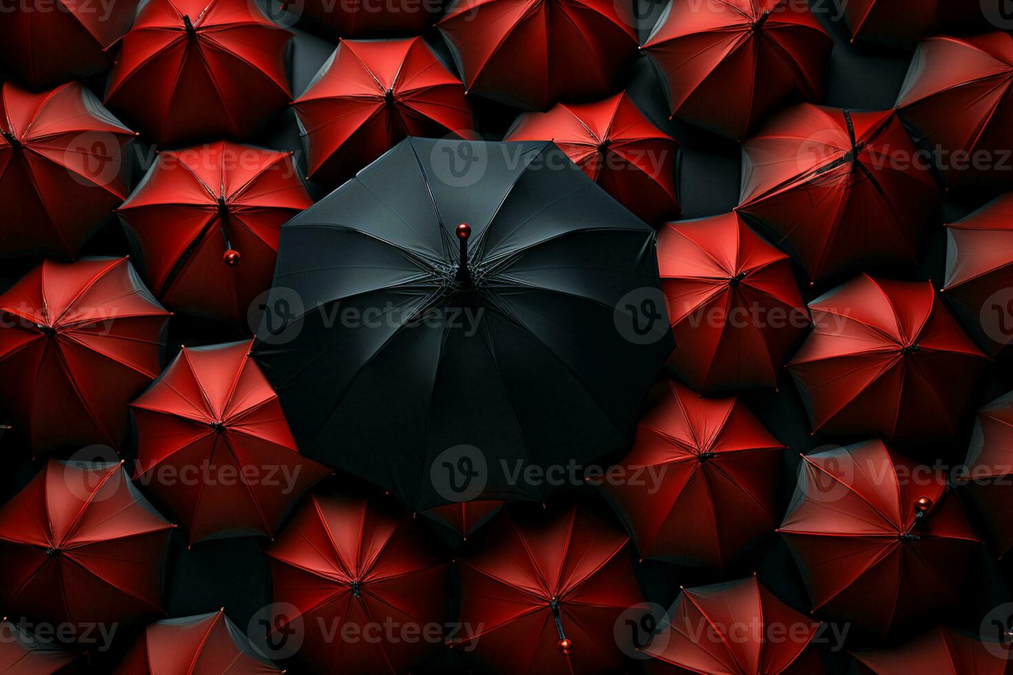 Black umbrellas, one red standout - urban background AI Generated photo