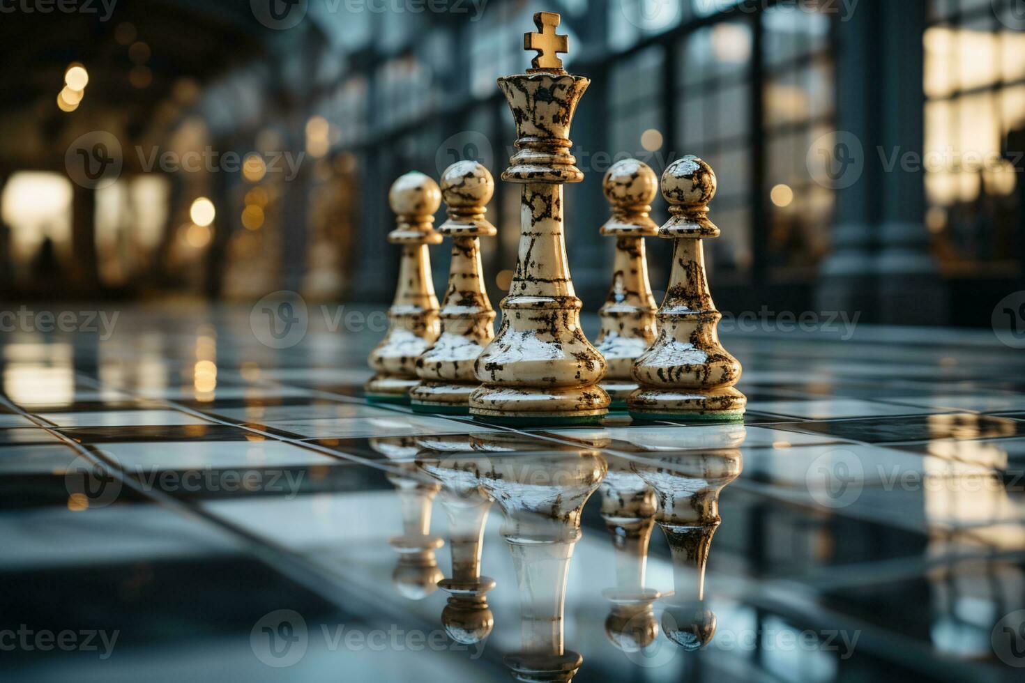 Hexagon pattern floor - luxury chess team with king and pawn AI Generated photo