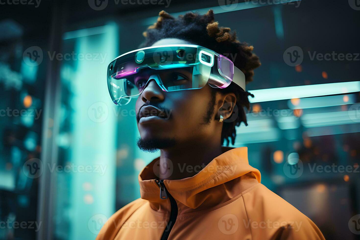 Human wearing smart glasses and showing holographic screen futuristic technology photo
