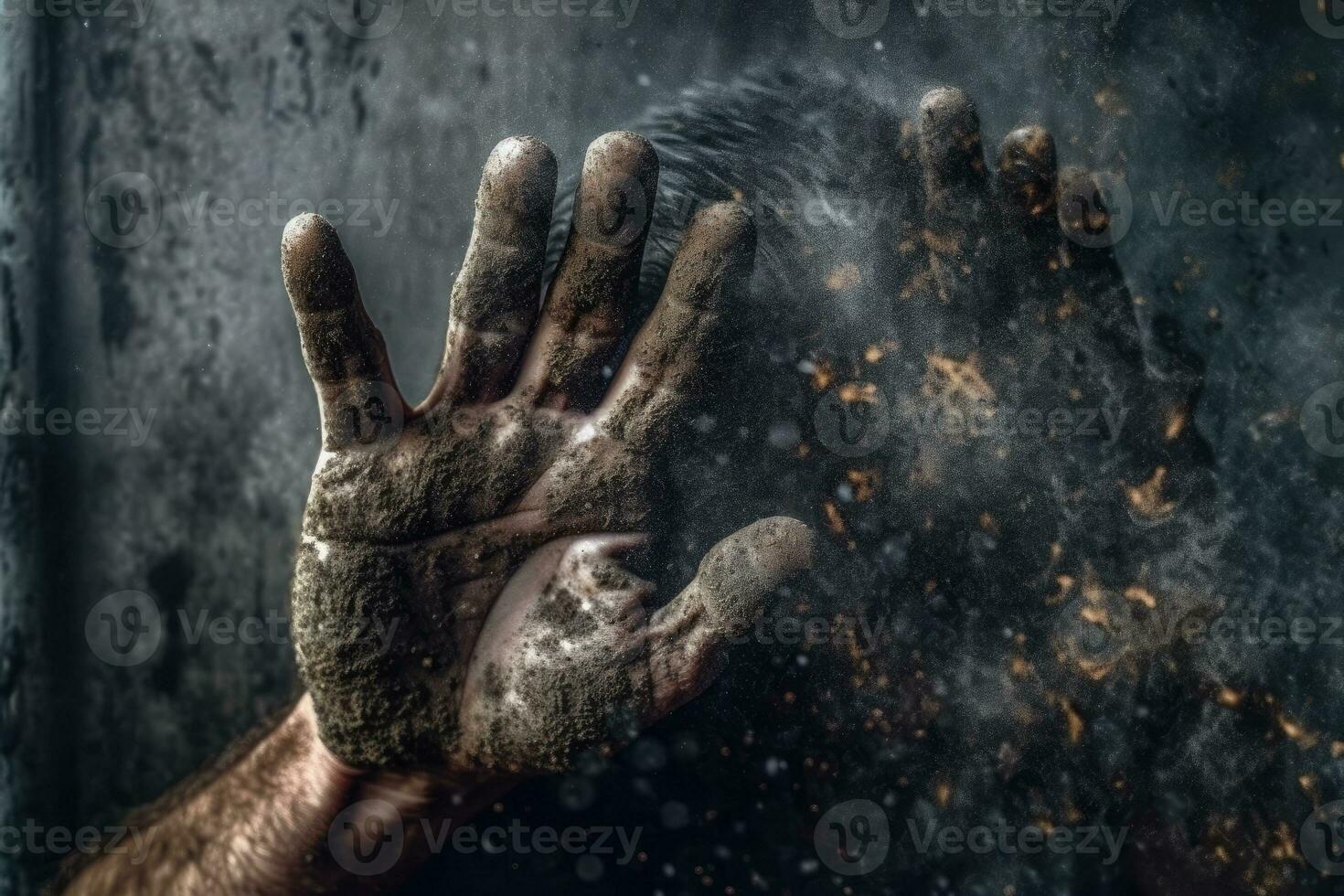 manos cubierto en barro y polvo, labor día, generativo ai foto