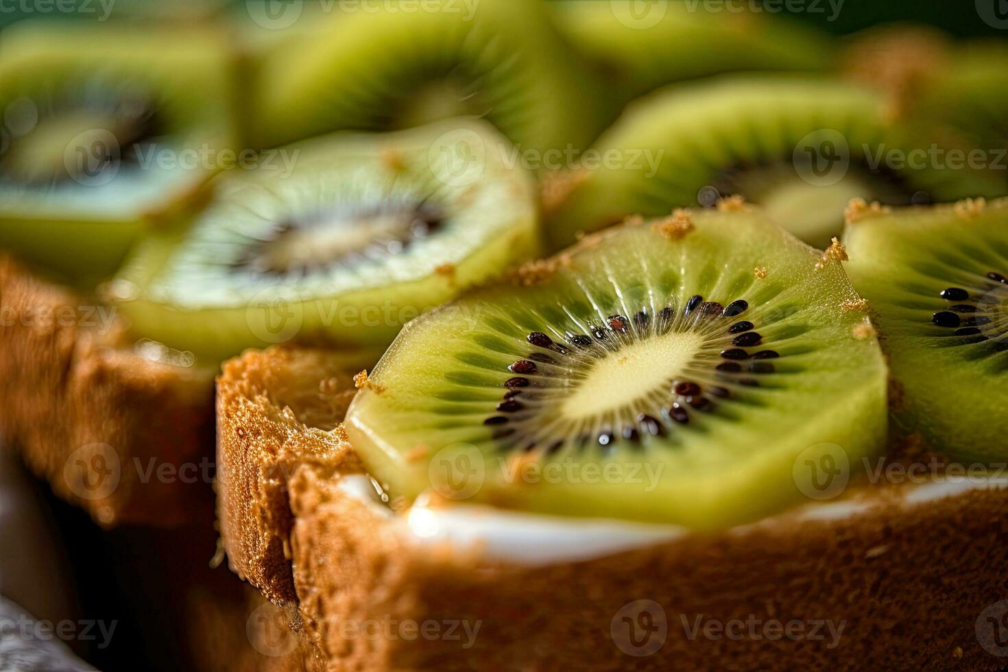 kiwi tostada, macro Disparo de un Fresco desayuno con goteo Miel, ai generado foto