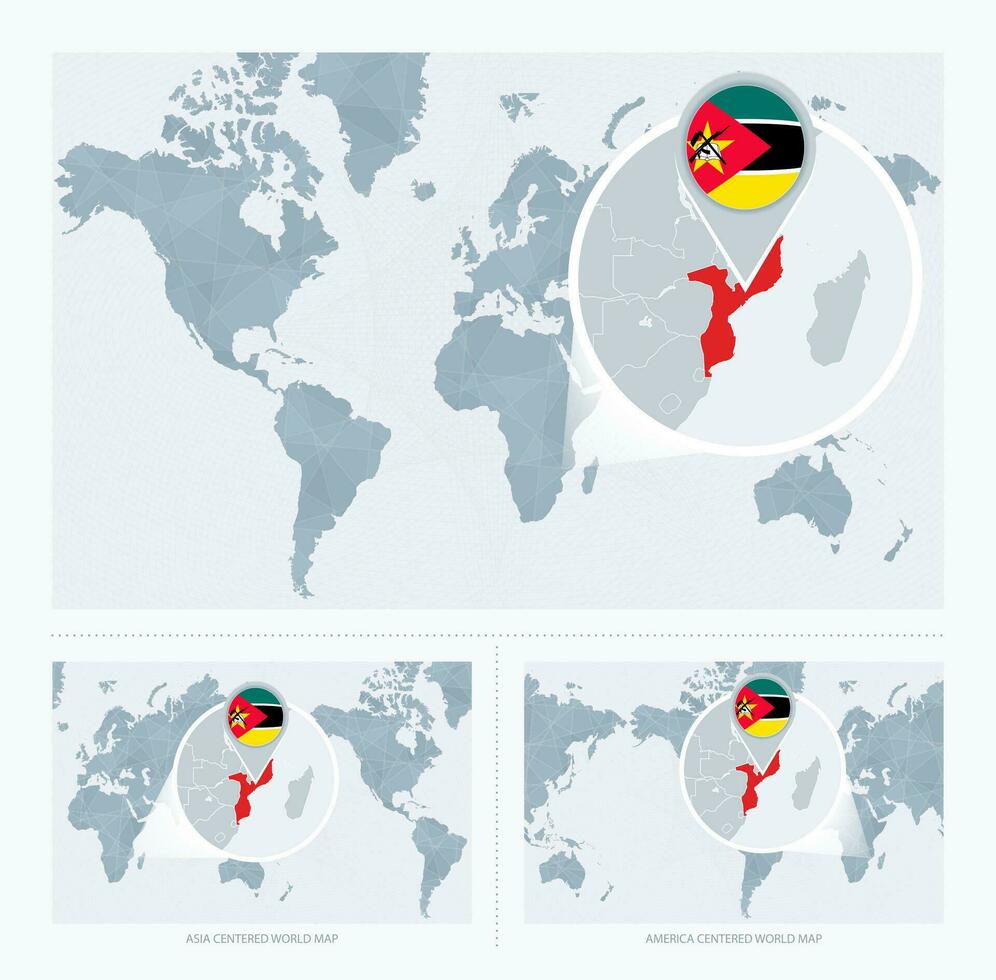 Magnified Mozambique over Map of the World, 3 versions of the World Map with flag and map of Mozambique. vector