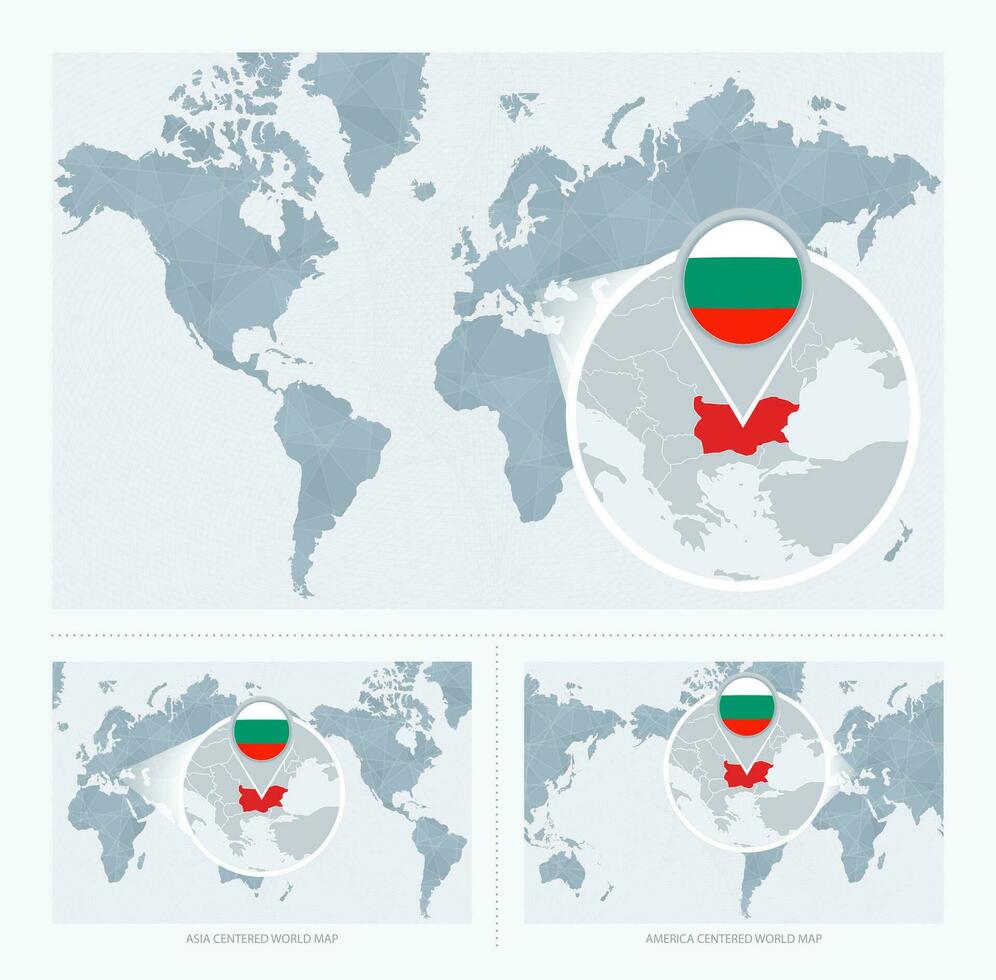 Magnified Bulgaria over Map of the World, 3 versions of the World Map with flag and map of Bulgaria. vector