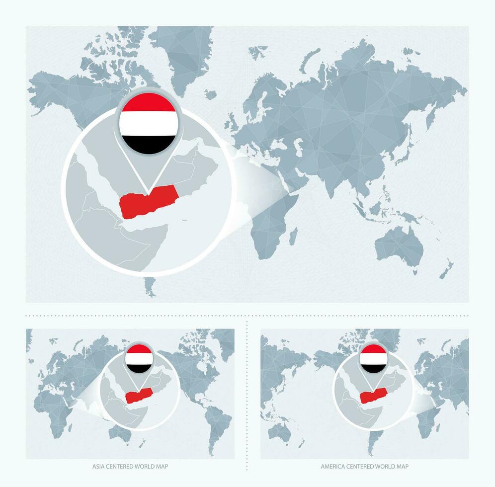 Magnified Yemen over Map of the World, 3 versions of the World Map with flag and map of Yemen. vector