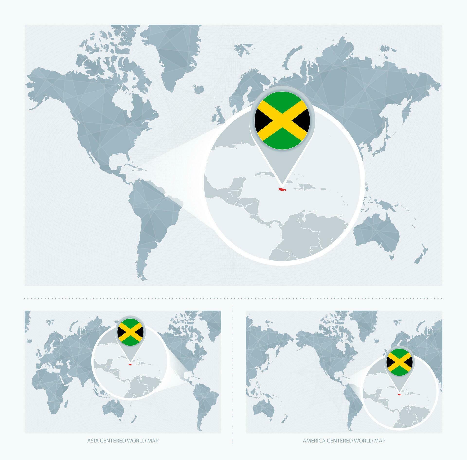 Magnified Jamaica Over Map Of The World 3 Versions Of The World Map Magnified Jamaica Over Map Of The World 3 Versions Of The World Map With Flag And Map Of Jamaica Vector