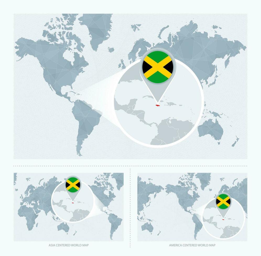 Magnified Jamaica over Map of the World, 3 versions of the World Map with flag and map of Jamaica. vector