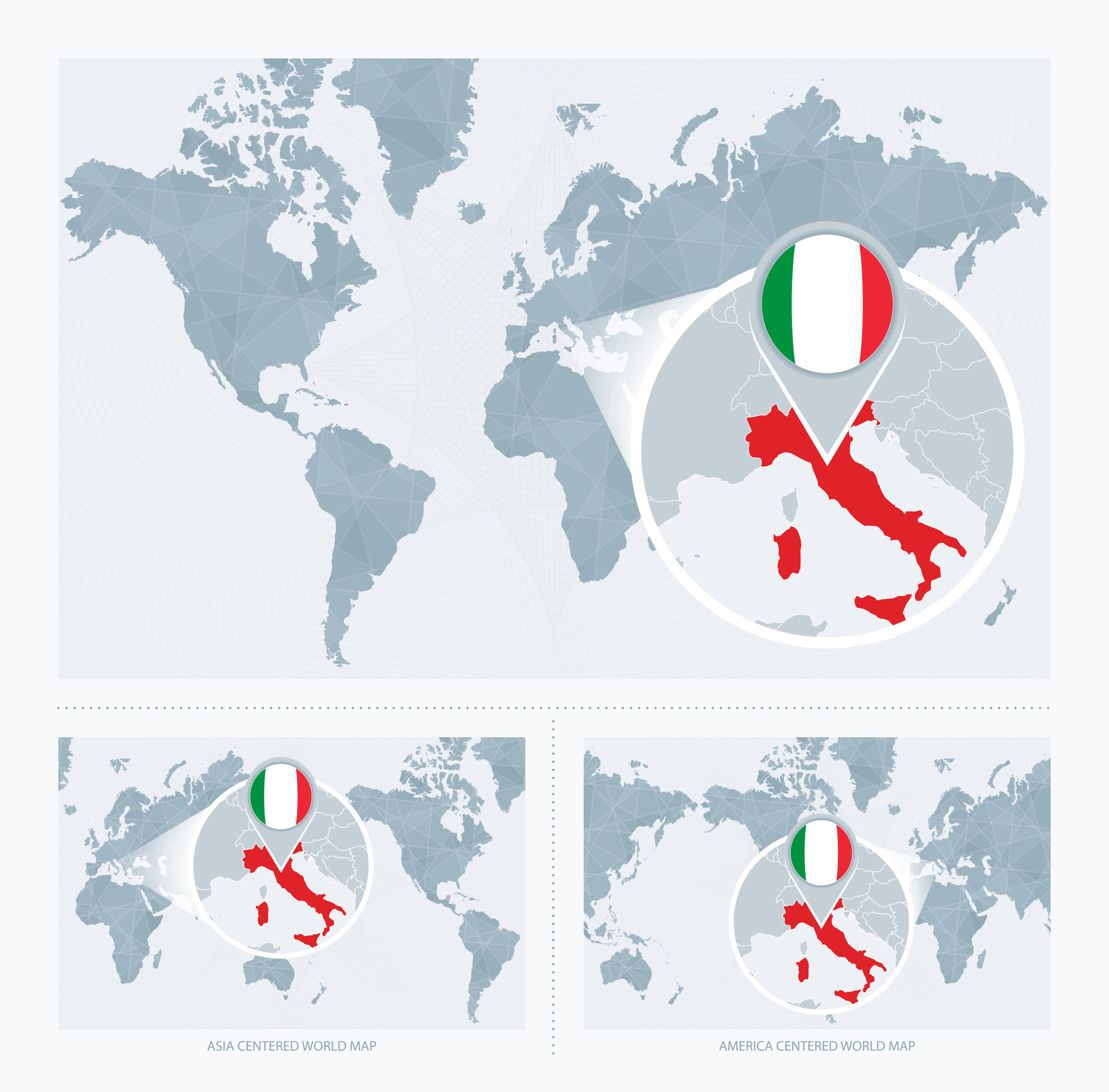 Magnified Italy Over Map Of The World 3 Versions Of The World Map With Magnified Italy Over Map Of The World 3 Versions Of The World Map With Flag And Map Of Italy Vector 