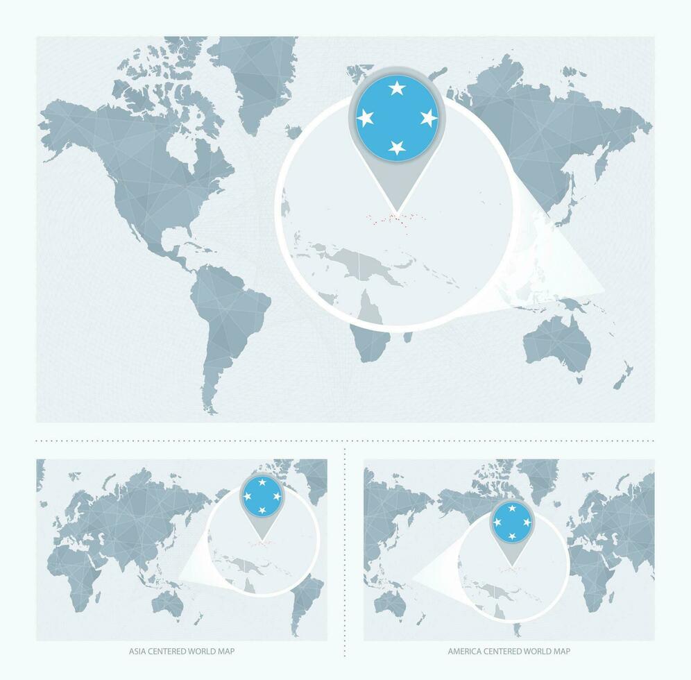 Magnified Micronesia over Map of the World, 3 versions of the World Map with flag and map of Micronesia. vector