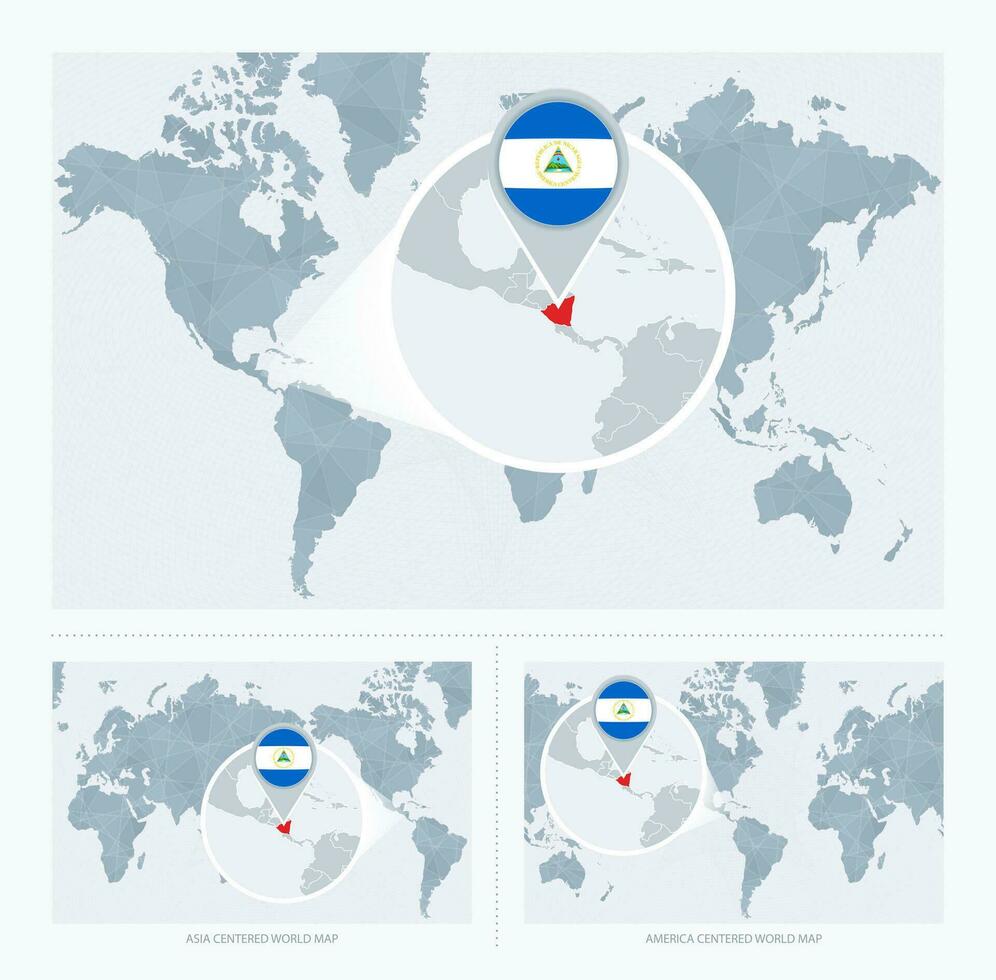 magnificado Nicaragua terminado mapa de el mundo, 3 versiones de el mundo mapa con bandera y mapa de Nicaragua. vector