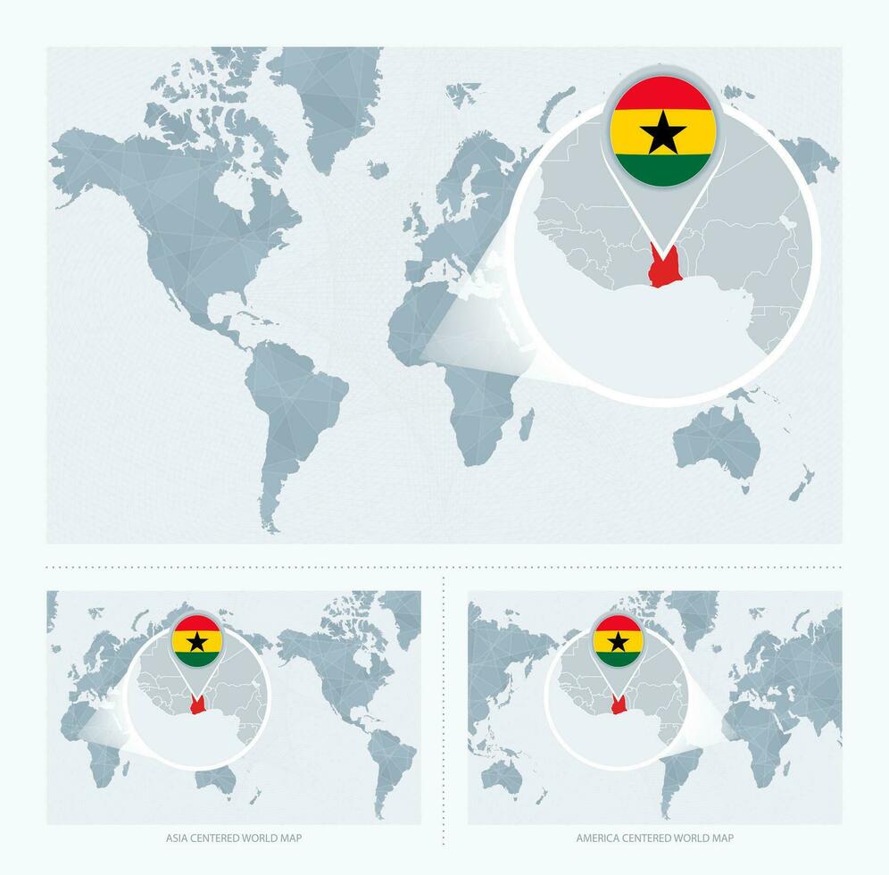 Magnified Ghana over Map of the World, 3 versions of the World Map with flag and map of Ghana. vector