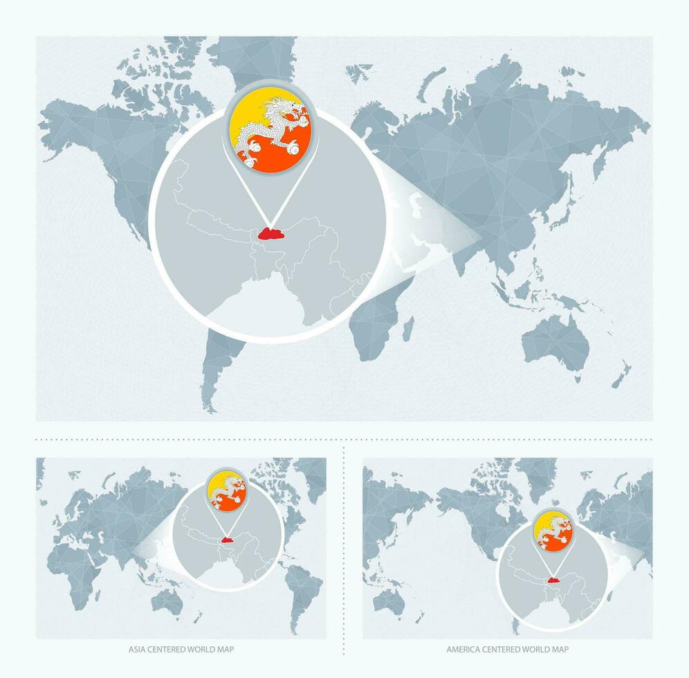 magnificado Bután terminado mapa de el mundo, 3 versiones de el mundo mapa con bandera y mapa de bután vector