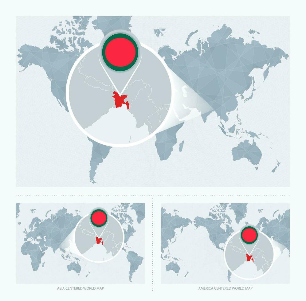 Magnified Bangladesh over Map of the World, 3 versions of the World Map with flag and map of Bangladesh. vector