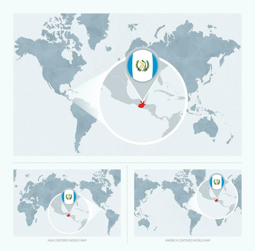 Magnified Guatemala over Map of the World, 3 versions of the World Map with flag and map of Guatemala. vector
