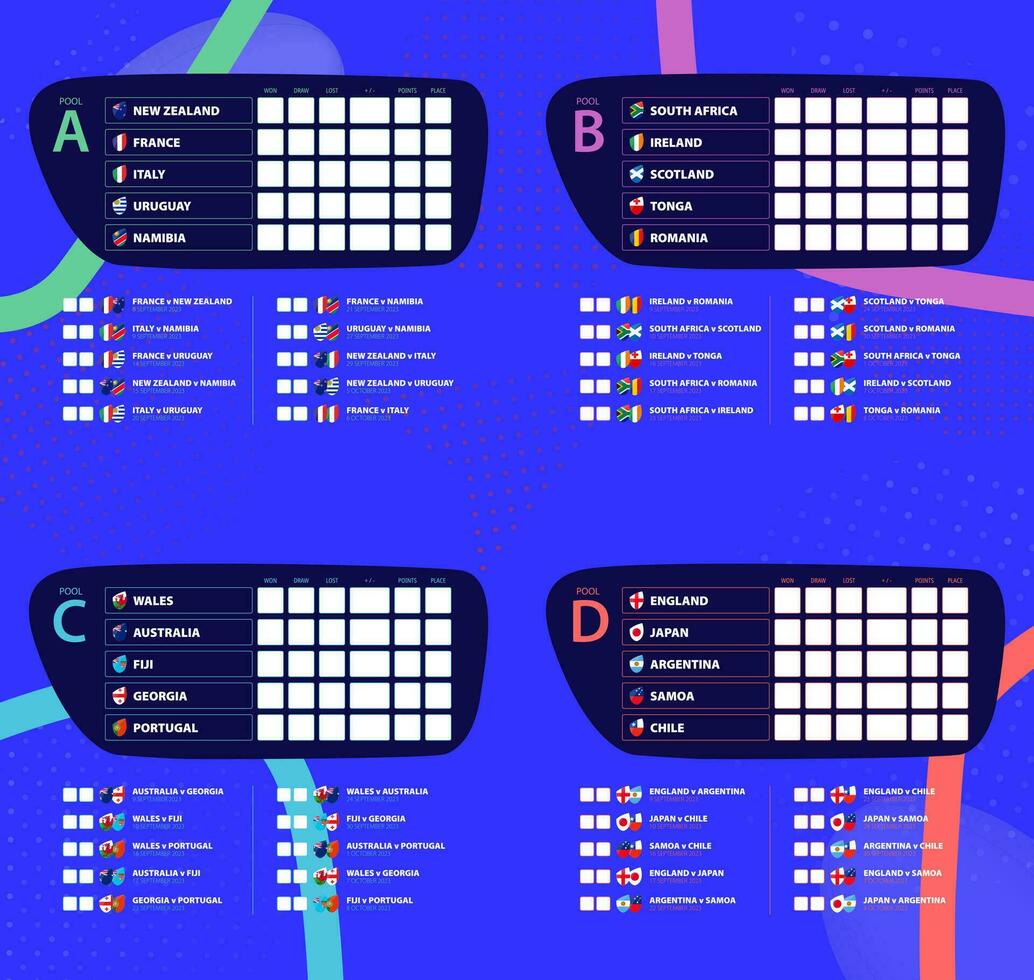 Pool matches schedule with national flags of participants rugby tournament 2023. vector