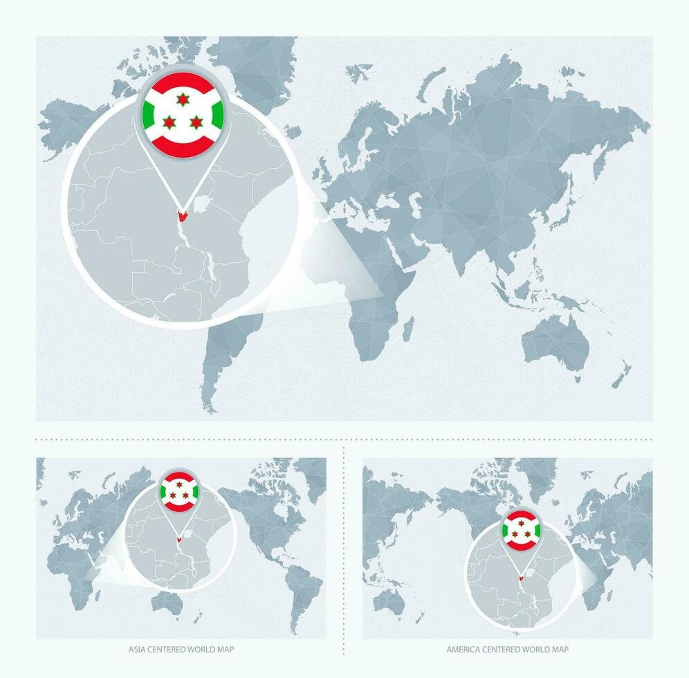 Magnified Burundi over Map of the World, 3 versions of the World Map with flag and map of Burundi. vector