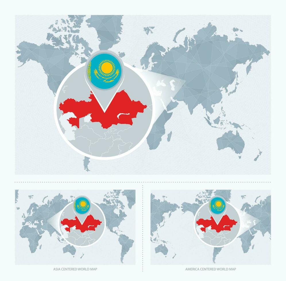 Magnified Kazakhstan over Map of the World, 3 versions of the World Map with flag and map of Kazakhstan. vector