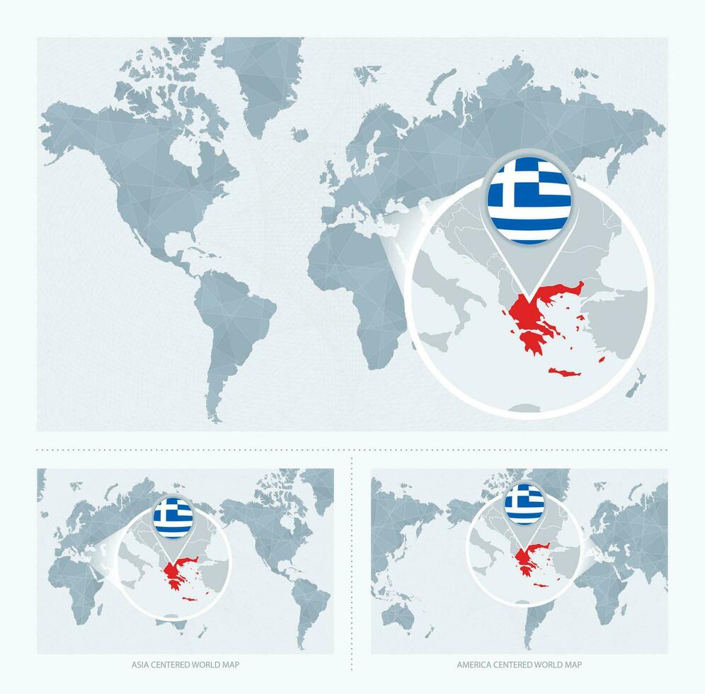 Magnified Greece over Map of the World, 3 versions of the World Map with flag and map of Greece. vector
