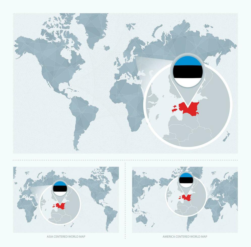 Magnified Estonia over Map of the World, 3 versions of the World Map with flag and map of Estonia. vector
