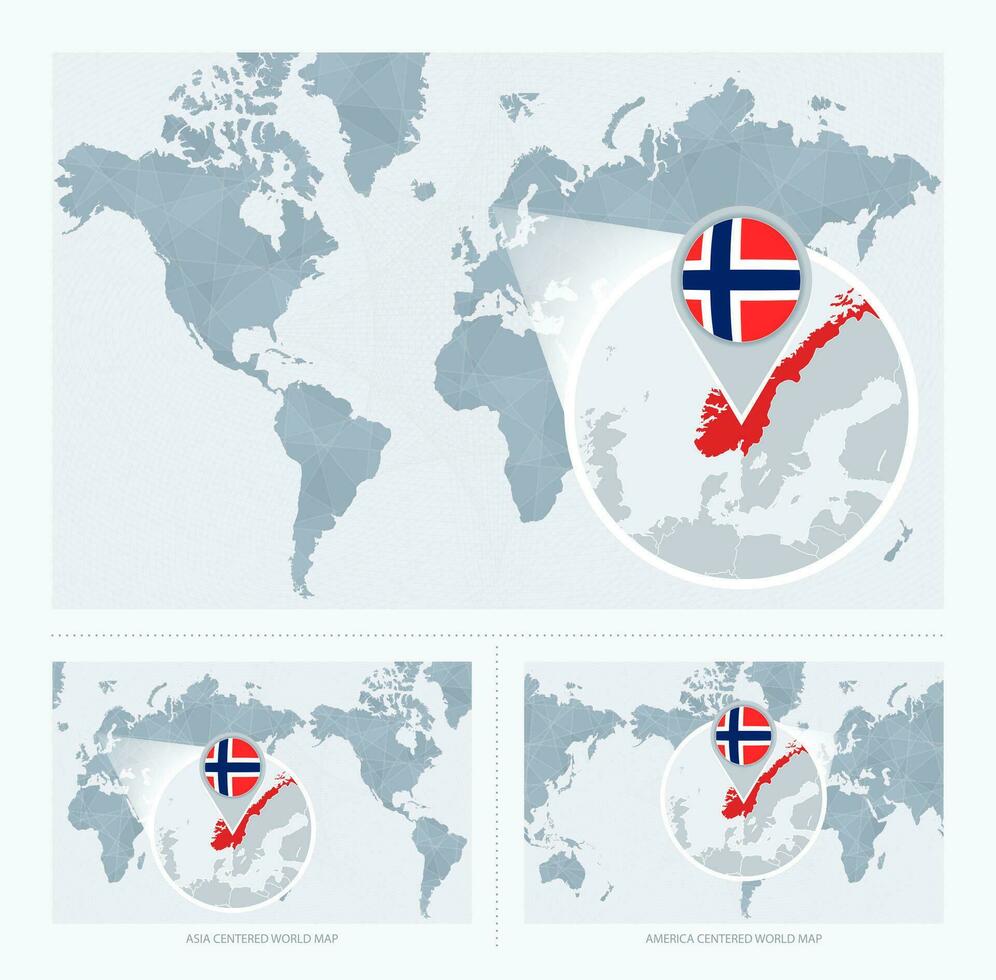 Magnified Norway over Map of the World, 3 versions of the World Map with flag and map of Norway. vector