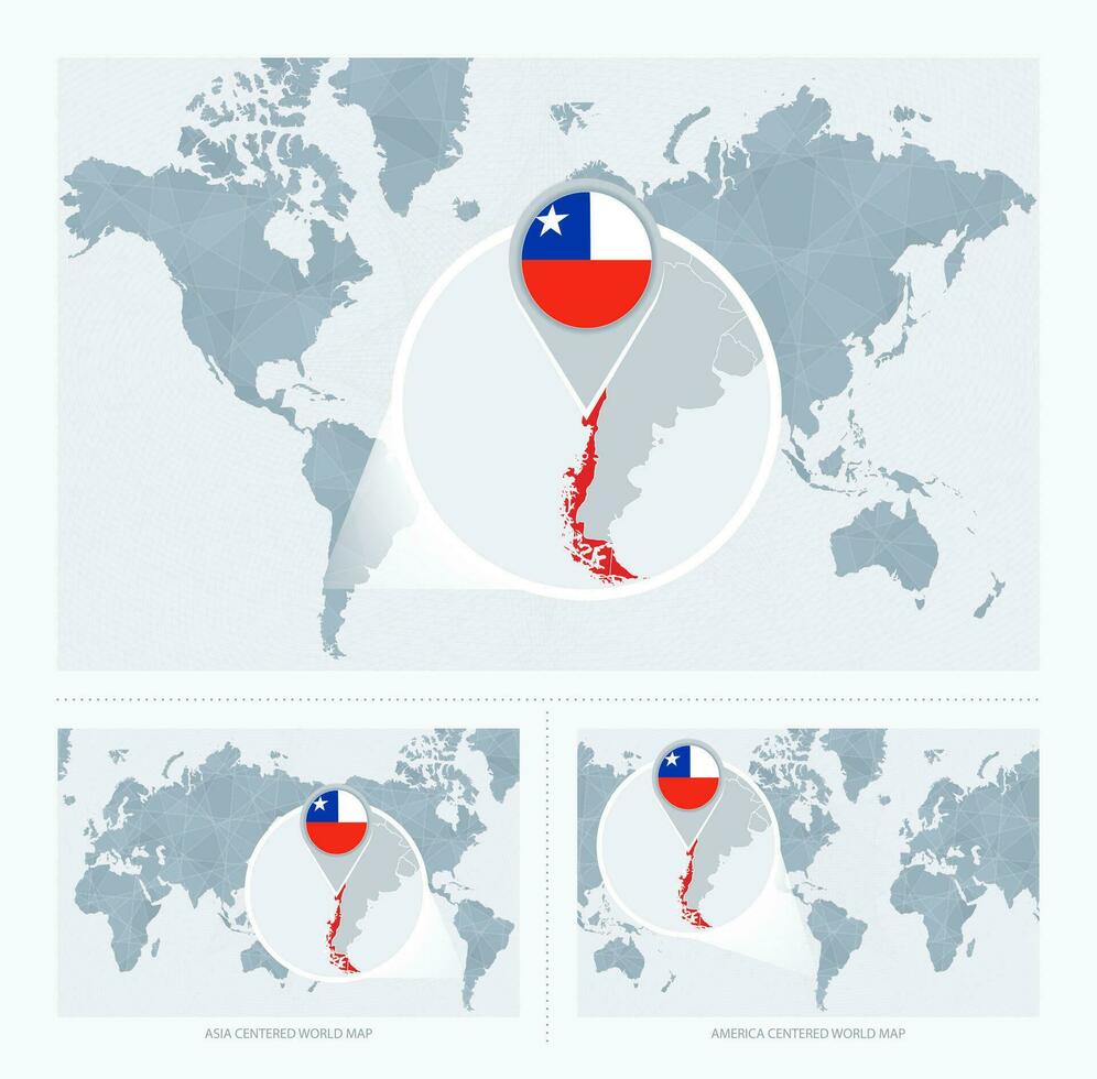 Magnified Chile over Map of the World, 3 versions of the World Map with flag and map of Chile. vector