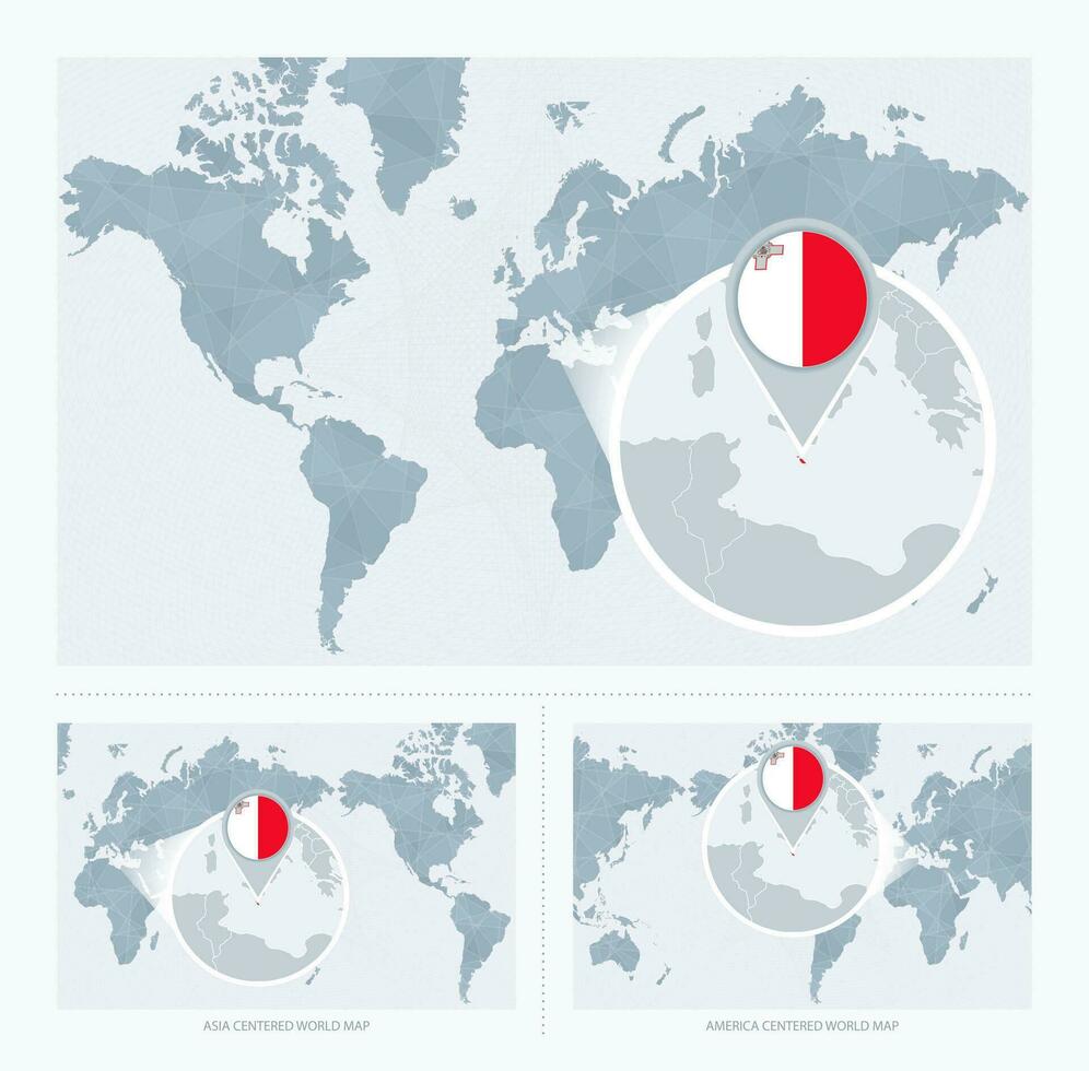 magnificado Malta terminado mapa de el mundo, 3 versiones de el mundo mapa con bandera y mapa de Malta. vector
