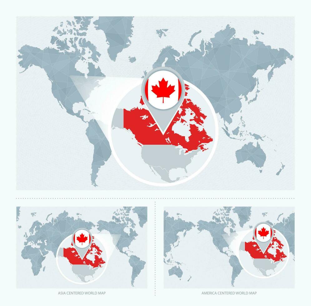 Magnified Canada over Map of the World, 3 versions of the World Map with flag and map of Canada. vector