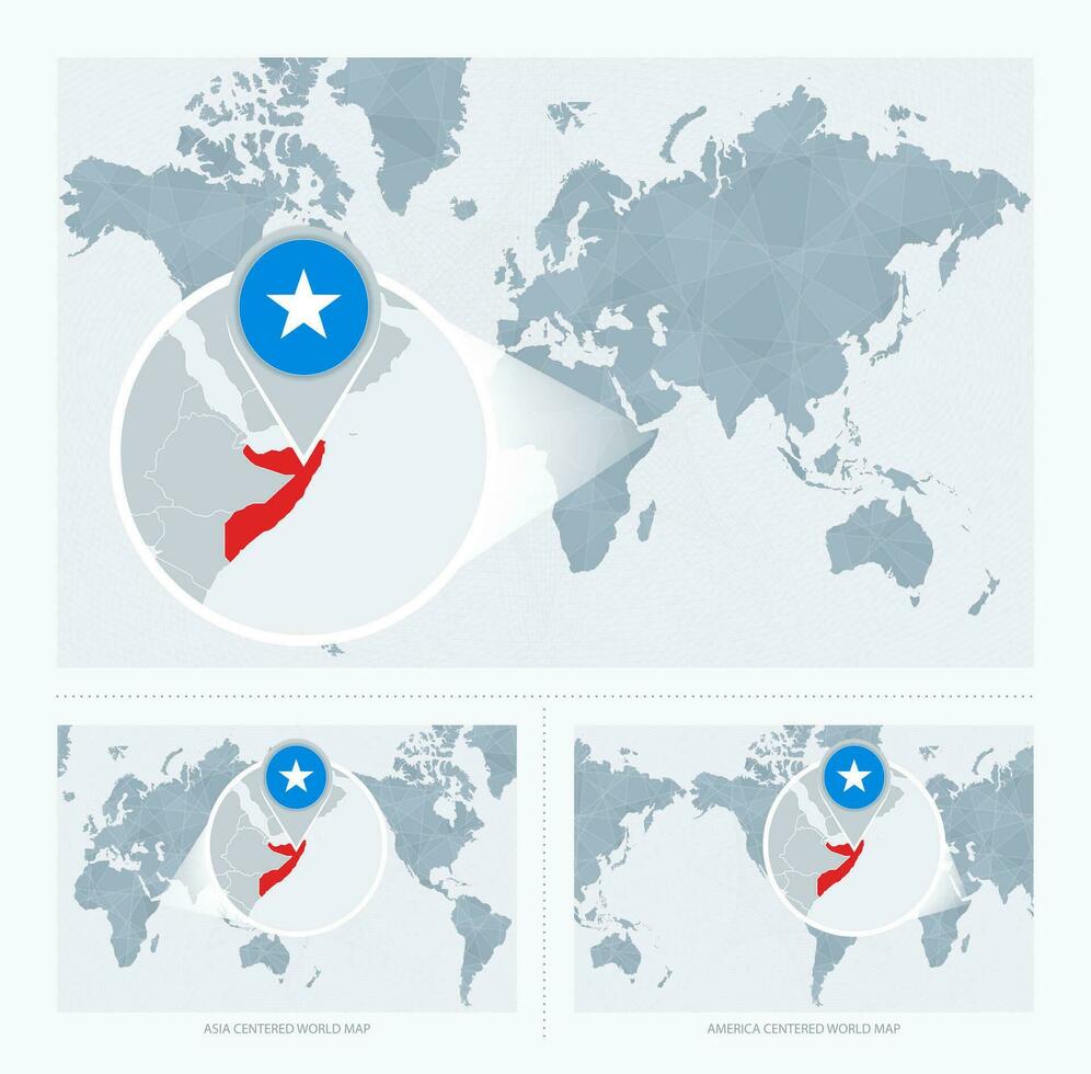 magnificado Somalia terminado mapa de el mundo, 3 versiones de el mundo mapa con bandera y mapa de Somalia. vector