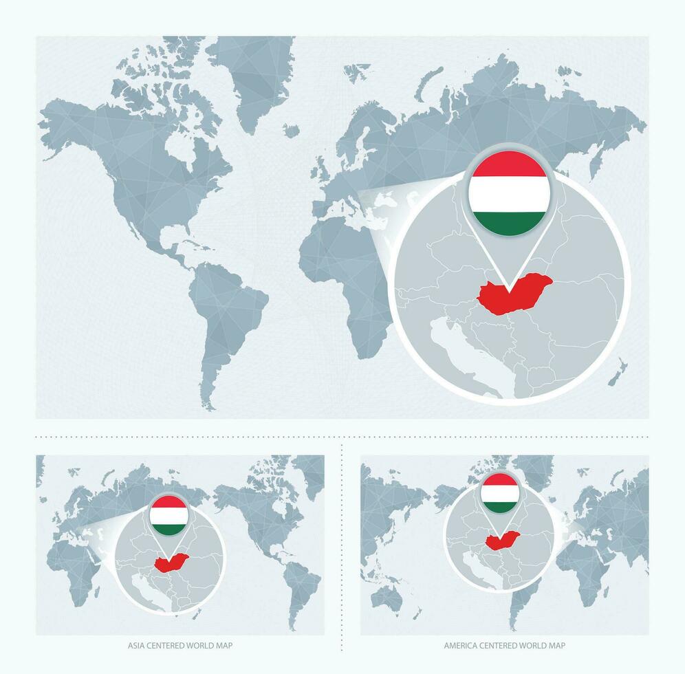 magnificado Hungría terminado mapa de el mundo, 3 versiones de el mundo mapa con bandera y mapa de Hungría. vector