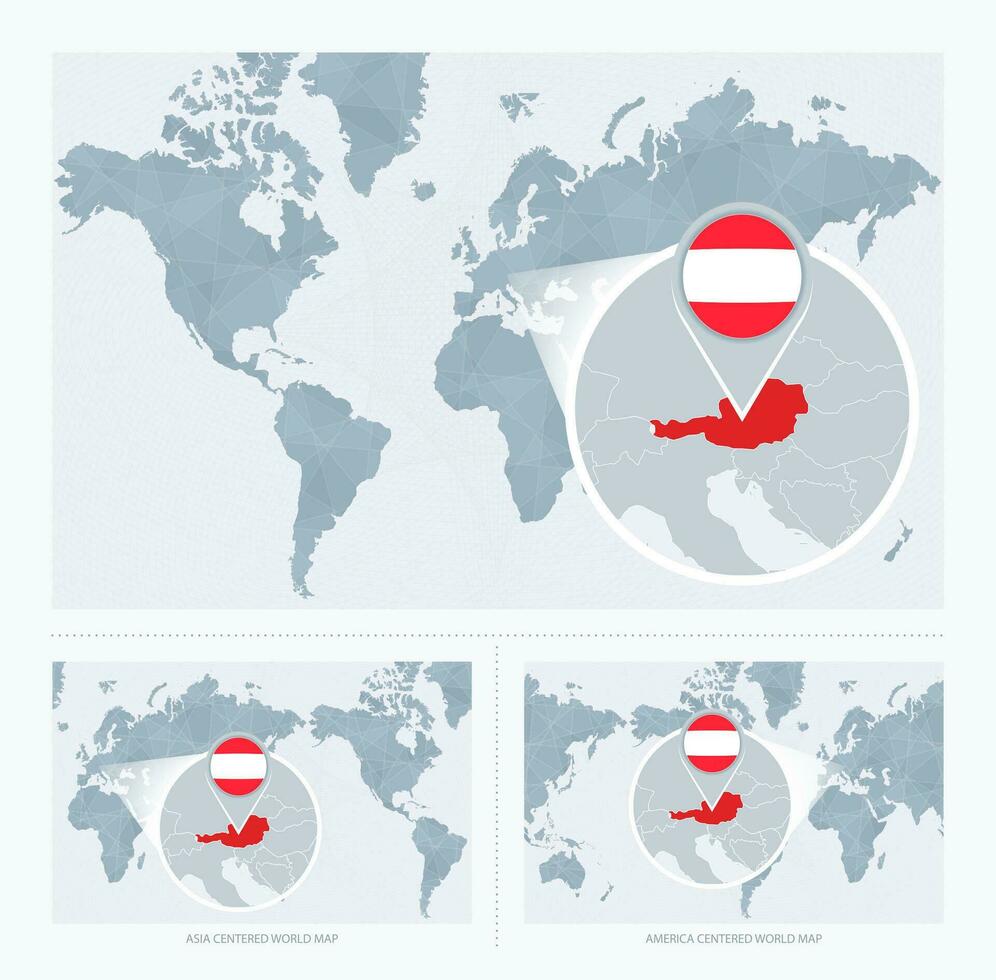 Magnified Austria over Map of the World, 3 versions of the World Map with flag and map of Austria. vector