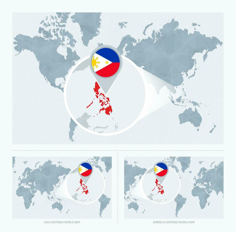 magnificado Filipinas terminado mapa de el mundo, 3 versiones de el mundo mapa con bandera y mapa de filipinas vector
