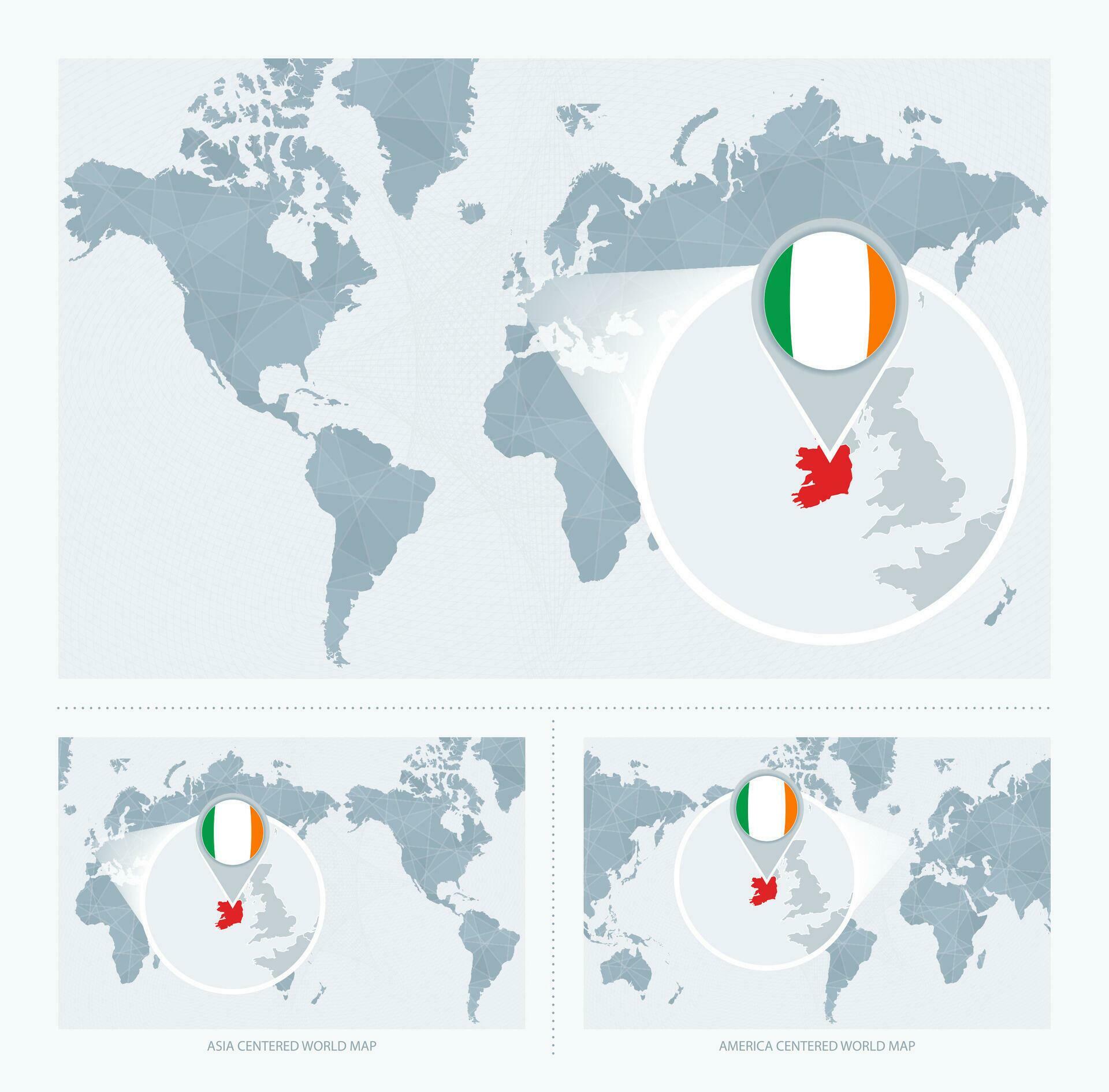 Magnified Ireland Over Map Of The World 3 Versions Of The World Map Magnified Ireland Over Map Of The World 3 Versions Of The World Map With Flag And Map Of Ireland Vector
