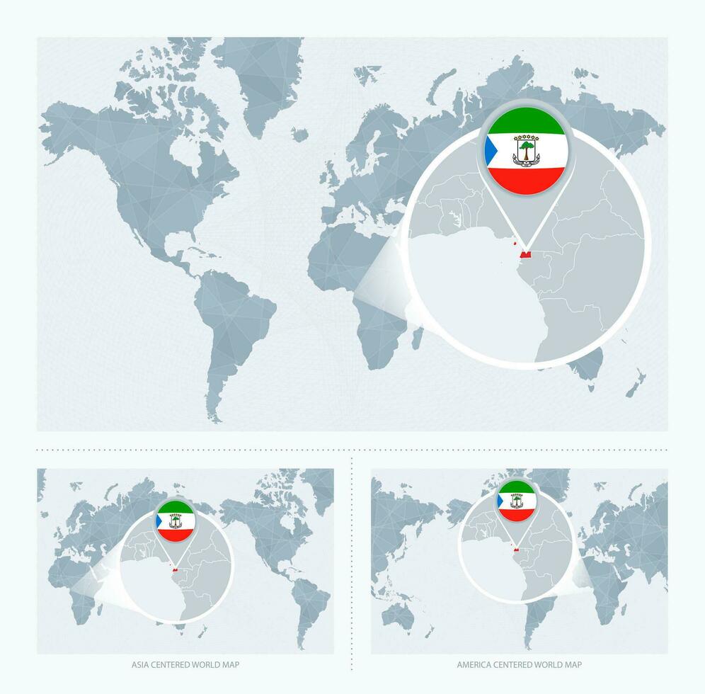 Magnified Equatorial Guinea over Map of the World, 3 versions of the World Map with flag and map of Equatorial Guinea. vector