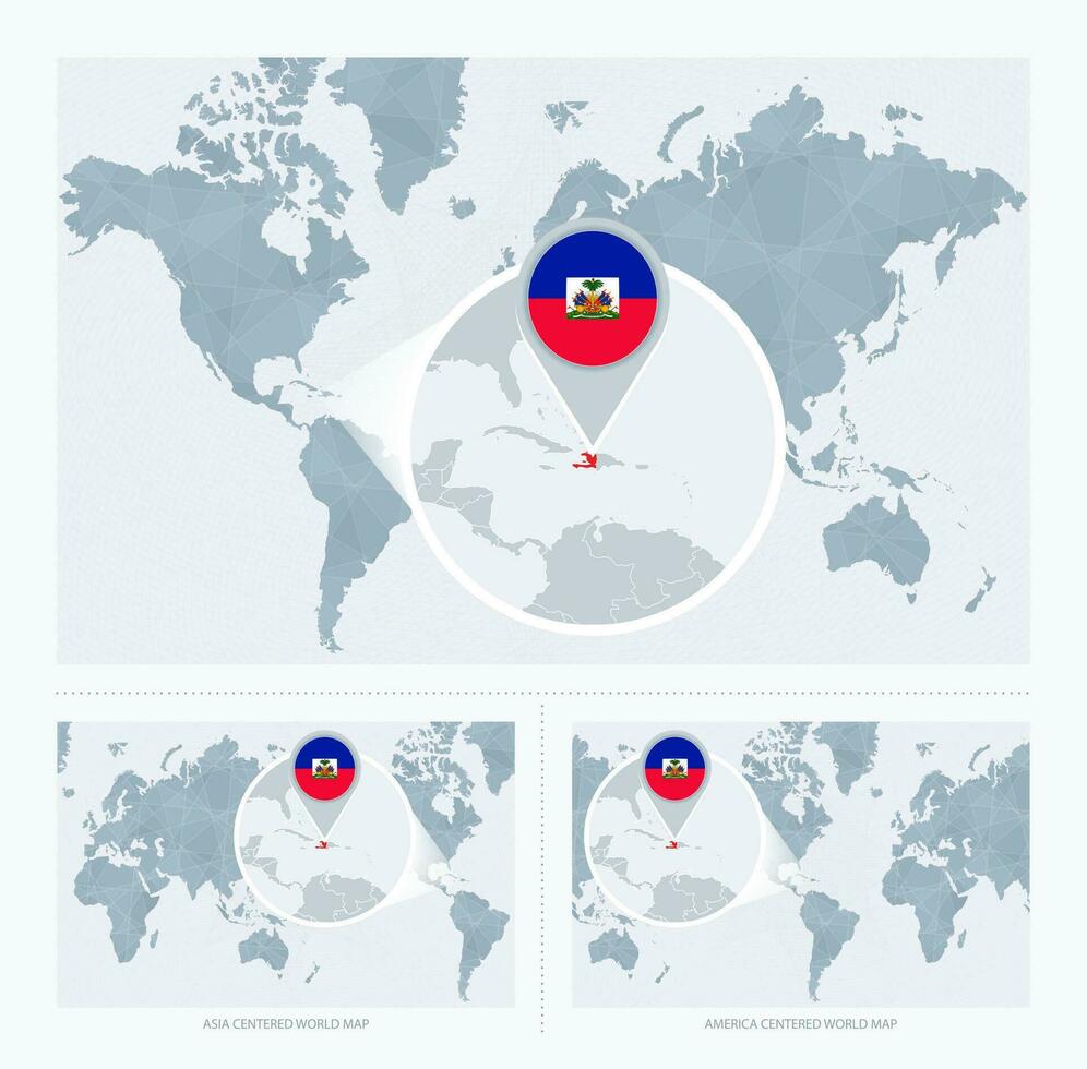 Magnified Haiti over Map of the World, 3 versions of the World Map with flag and map of Haiti. vector