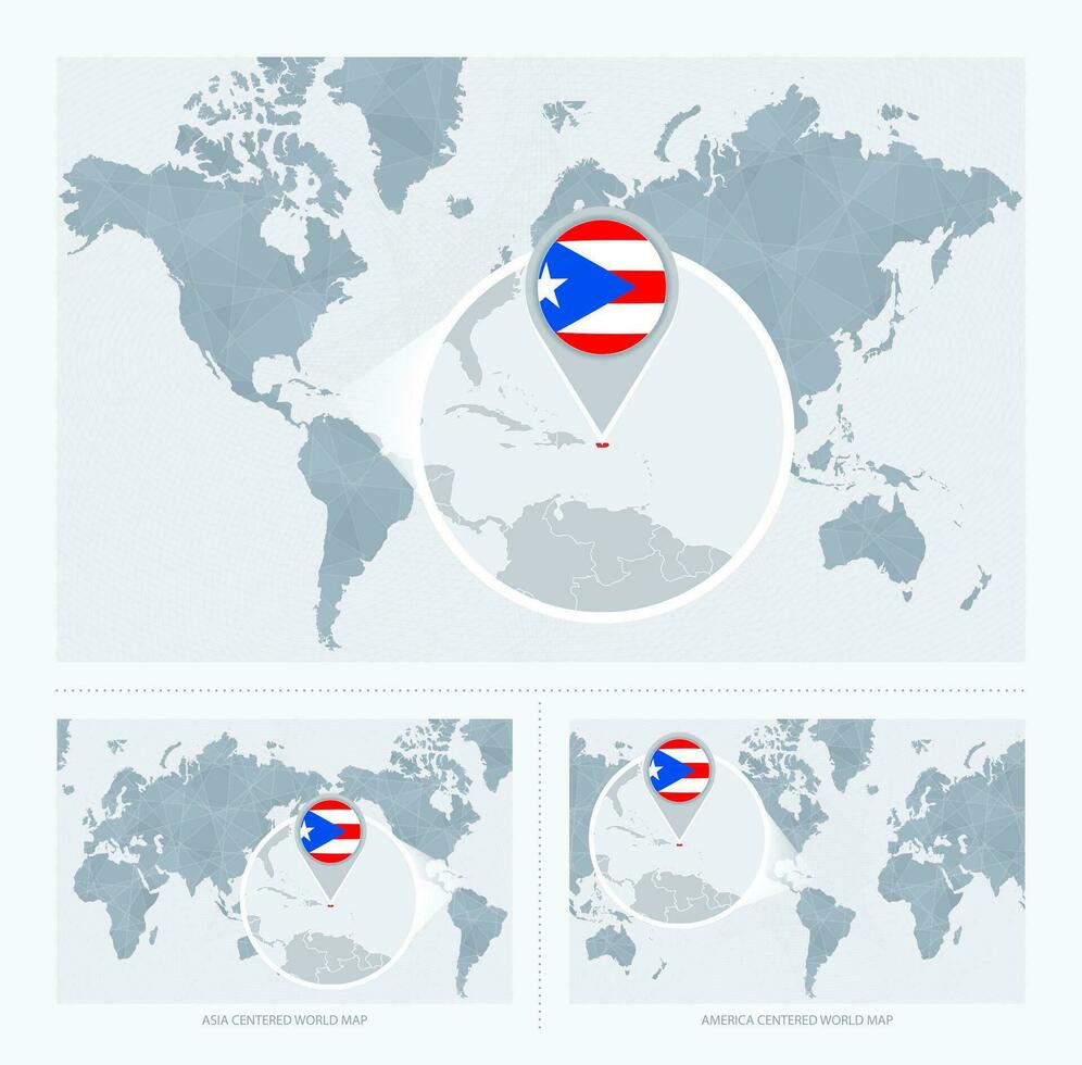 Magnified Puerto Rico over Map of the World, 3 versions of the World Map with flag and map of Puerto Rico. vector