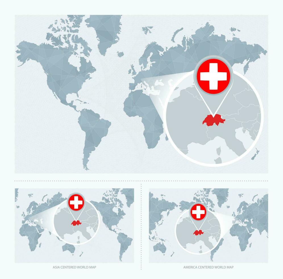 Magnified Switzerland over Map of the World, 3 versions of the World Map with flag and map of Switzerland. vector